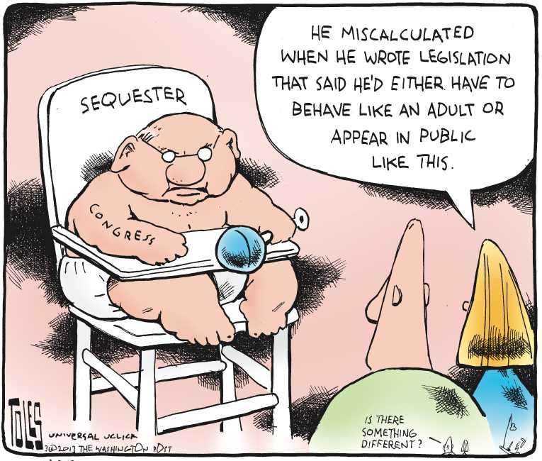 Political/Editorial Cartoon by Tom Toles, Washington Post on Sequester Commences