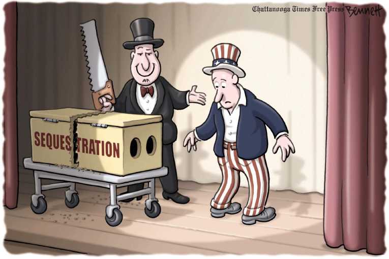 Political/Editorial Cartoon by Clay Bennett, Chattanooga Times Free Press on Sequester Commences