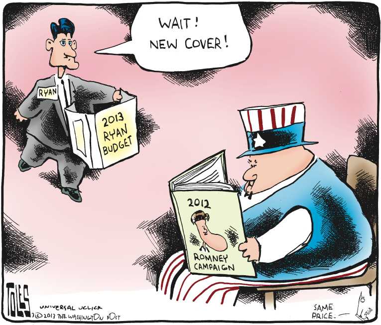 Political/Editorial Cartoon by Tom Toles, Washington Post on Ryan Proposes Budget