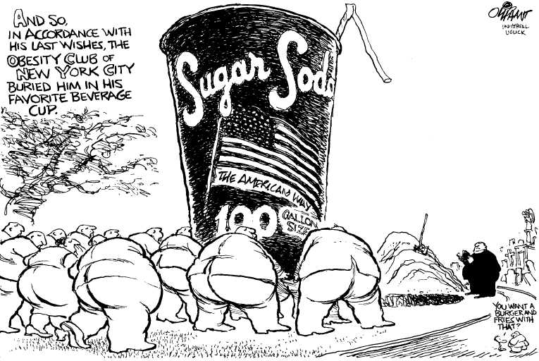Political/Editorial Cartoon by Pat Oliphant, Universal Press Syndicate on NY Drink Ban Repealed