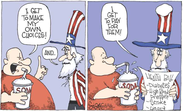 Political/Editorial Cartoon by Signe Wilkinson, Philadelphia Daily News on NY Drink Ban Repealed