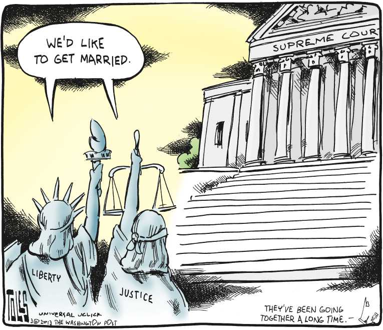 Political/Editorial Cartoon by Tom Toles, Washington Post on Court Considers Gay Marriage