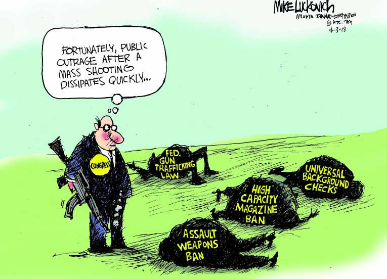 Political/Editorial Cartoon by Mike Luckovich, Atlanta Journal-Constitution on Increased Gun Regulation Unlikely