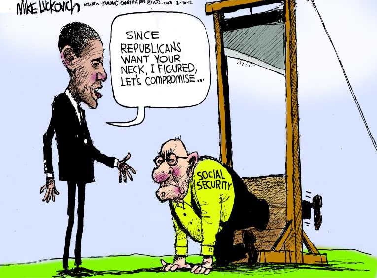 Political Cartoon on 'Obama Agrees to Soc. Sec. Cuts' by Mike Luckovich,  Atlanta Journal-Constitution at The Comic News
