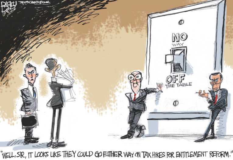 Political/Editorial Cartoon by Pat Bagley, Salt Lake Tribune on Obama Agrees to Soc. Sec. Cuts