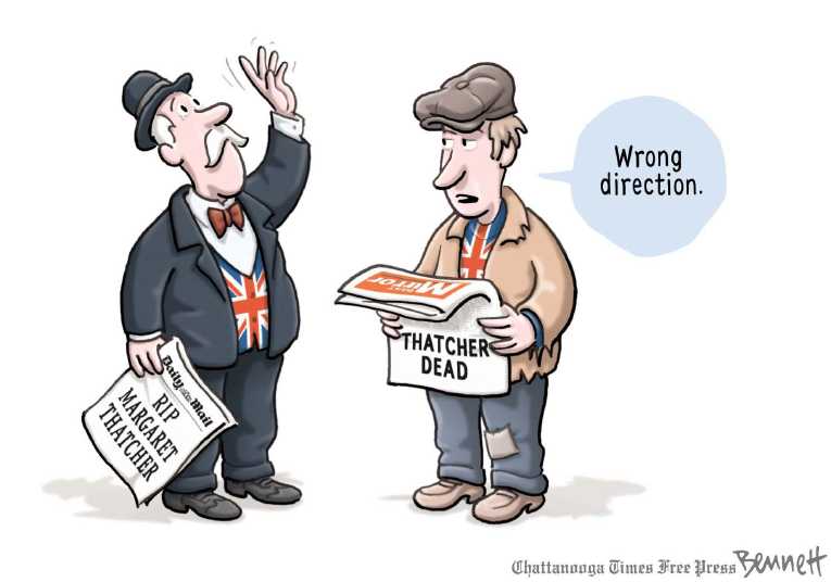 Political/Editorial Cartoon by Clay Bennett, Chattanooga Times Free Press on Margaret Thatcher Dies