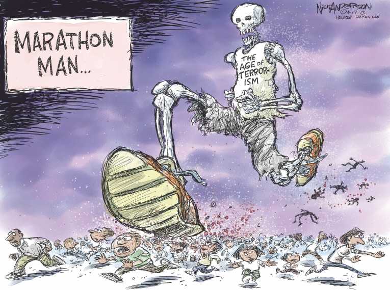 Political/Editorial Cartoon by Nick Anderson, Houston Chronicle on Boston Marathon Ends in Horror