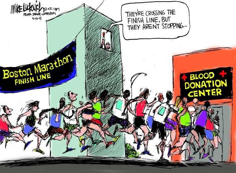 Political/Editorial Cartoon by Mike Luckovich, Atlanta Journal-Constitution on Boston Marathon Ends in Horror