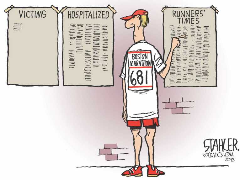 Political/Editorial Cartoon by Jeff Stahler on Boston Marathon Ends in Horror