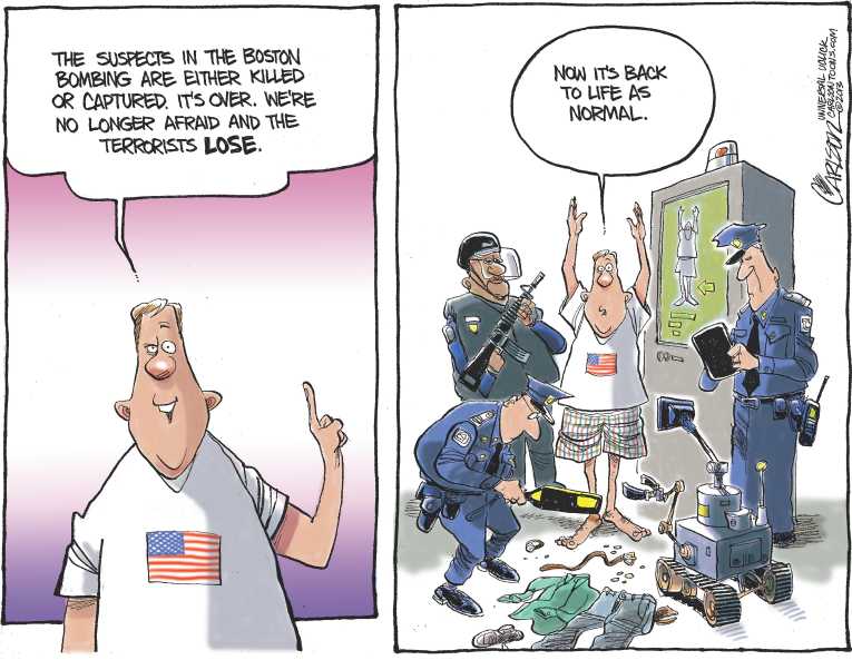 Political/Editorial Cartoon by Stuart Carlson on One Suspect Killed, One Captured