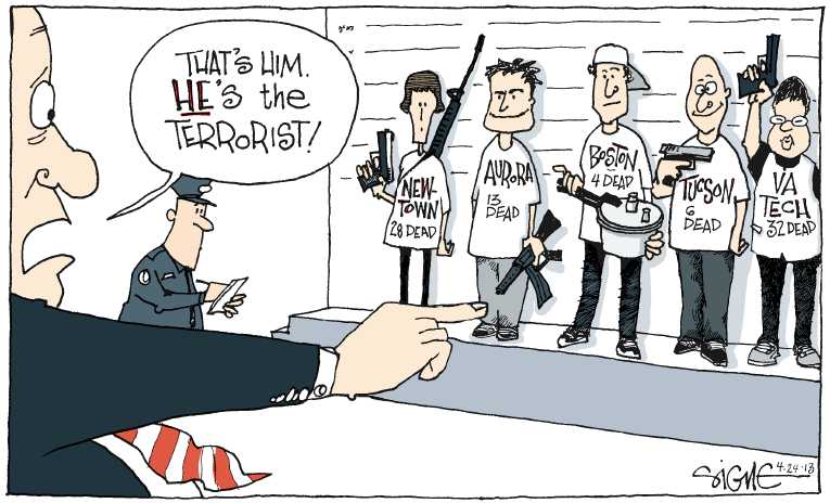 Political/Editorial Cartoon by Signe Wilkinson, Philadelphia Daily News on One Suspect Killed, One Captured