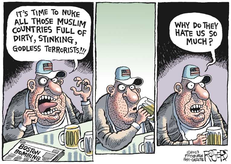 Political/Editorial Cartoon by Rob Rogers, The Pittsburgh Post-Gazette on One Suspect Killed, One Captured