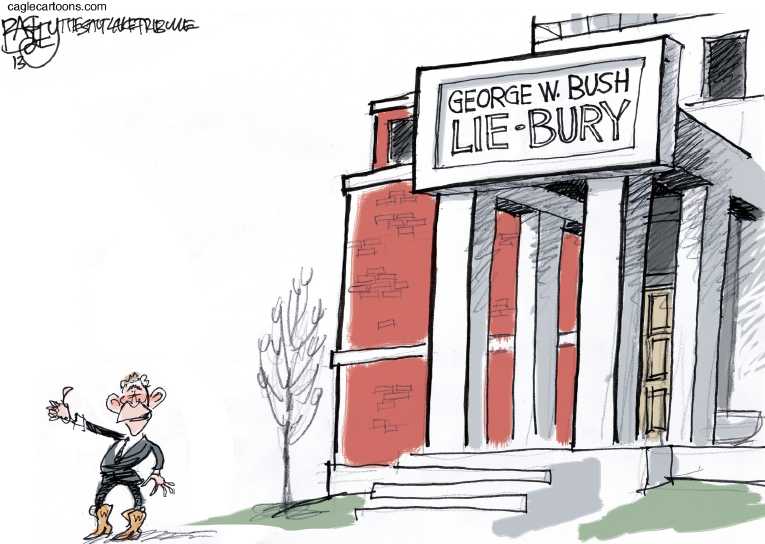 Political/Editorial Cartoon by Pat Bagley, Salt Lake Tribune on Bush Library Opens