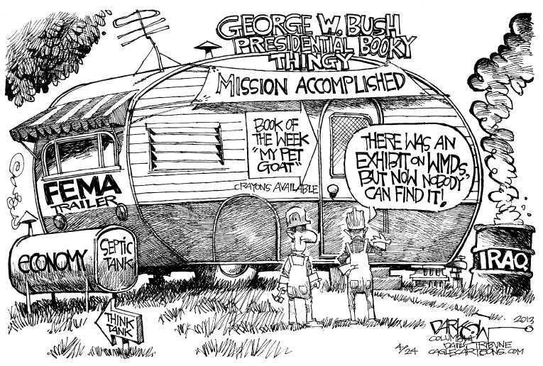 Political/Editorial Cartoon by John Darkow, Columbia Daily Tribune, Missouri on Bush Library Opens