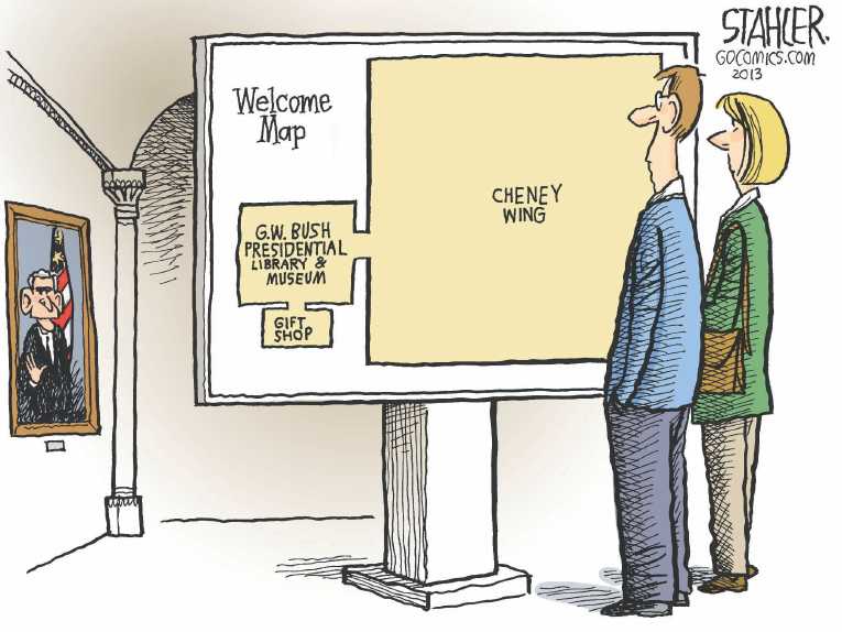 Political/Editorial Cartoon by Jeff Stahler on Bush Library Opens