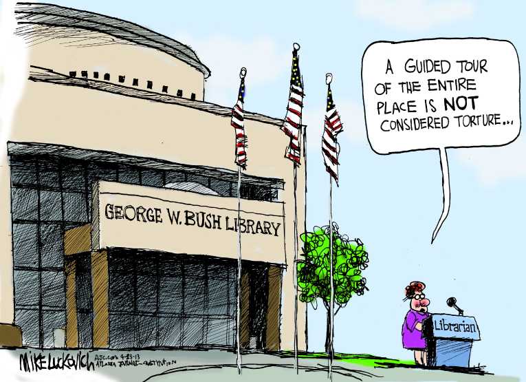 Political/Editorial Cartoon by Mike Luckovich, Atlanta Journal-Constitution on Bush Library Opens