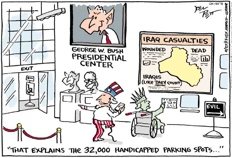 Political/Editorial Cartoon by Joel Pett, Lexington Herald-Leader, CWS/CartoonArts Intl. on Bush Library Opens
