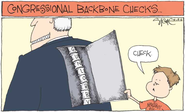 Political/Editorial Cartoon by Signe Wilkinson, Philadelphia Daily News on Gun Bill Defeated