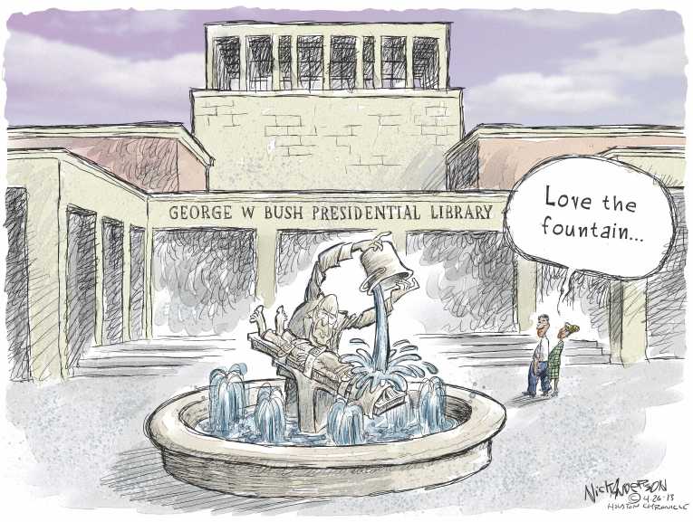 Political/Editorial Cartoon by Nick Anderson, Houston Chronicle on Bush Library Wowing Visitors