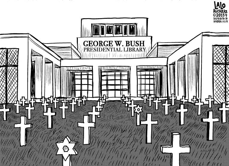 Political/Editorial Cartoon by Lalo Alcaraz on Bush Library Wowing Visitors