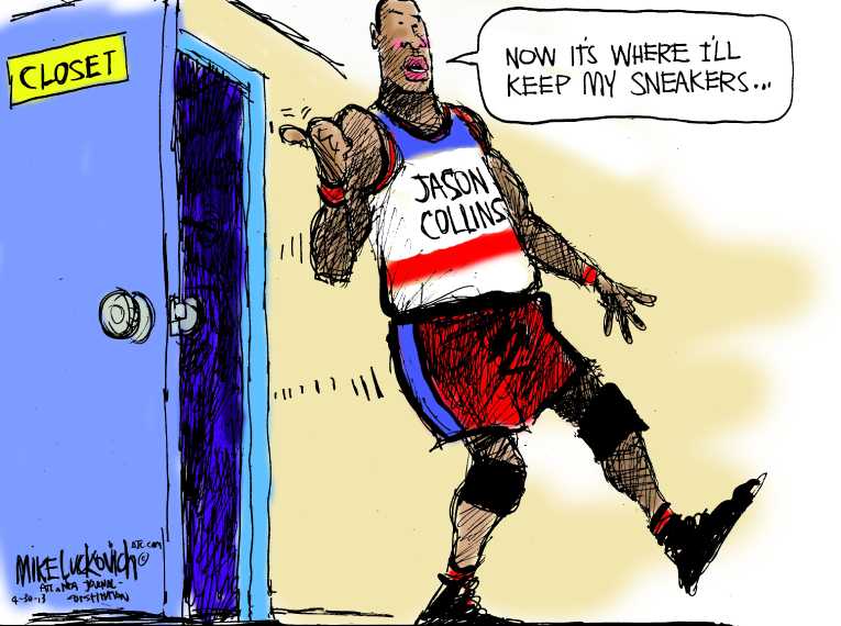Political/Editorial Cartoon by Mike Luckovich, Atlanta Journal-Constitution on First Active Pro Player Comes Out
