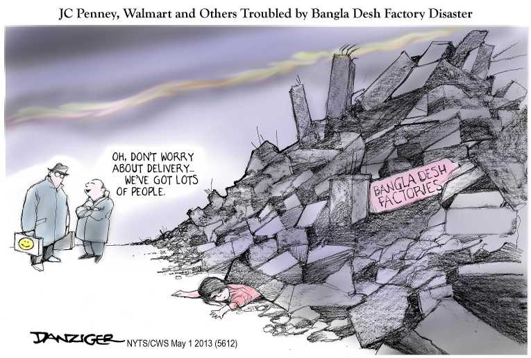 Political/Editorial Cartoon by Jeff Danziger, CWS/CartoonArts Intl. on Bangledesh Sweatshop Collapses