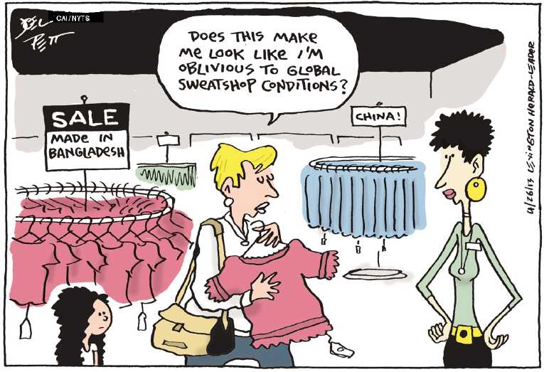 Political/Editorial Cartoon by Joel Pett, Lexington Herald-Leader, CWS/CartoonArts Intl. on Bangledesh Sweatshop Collapses