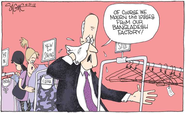 Political/Editorial Cartoon by Signe Wilkinson, Philadelphia Daily News on Bangledesh Sweatshop Collapses