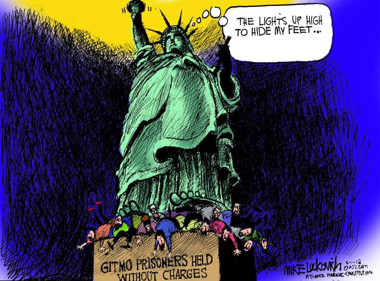 Political/Editorial Cartoon by Mike Luckovich, Atlanta Journal-Constitution on Obama Renews Guantanamo Pledge