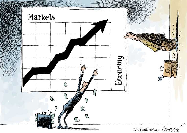 Political/Editorial Cartoon by Patrick Chappatte, International Herald Tribune on Stock Market Breaks 15,000