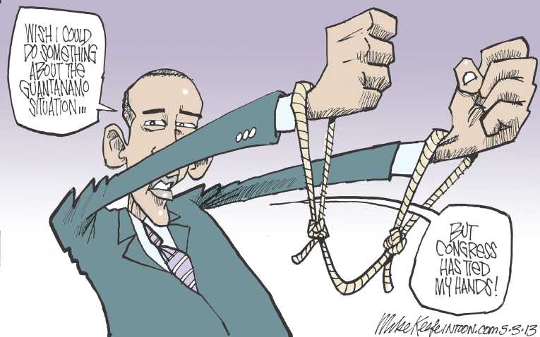 Political/Editorial Cartoon by Mike Keefe, Denver Post on Obama Pledges to Close Gitmo, Again