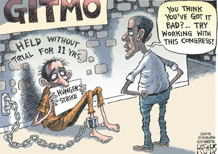 Political/Editorial Cartoon by Rob Rogers, The Pittsburgh Post-Gazette on Obama Pledges to Close Gitmo, Again