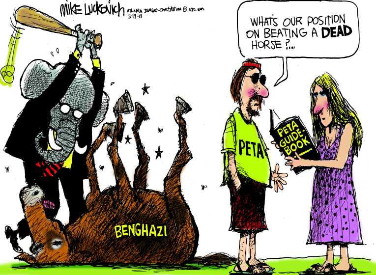Political/Editorial Cartoon by Mike Luckovich, Atlanta Journal-Constitution on Conservatives Hammer on Benghazi