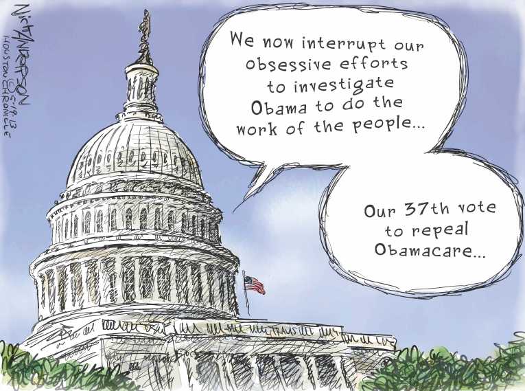 Political/Editorial Cartoon by Nick Anderson, Houston Chronicle on Conservatives Hammer on Benghazi