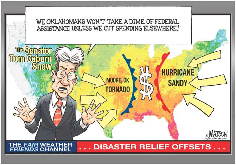 Political/Editorial Cartoon by RJ Matson, Cagle Cartoons on Tornado Cleanup Going Well