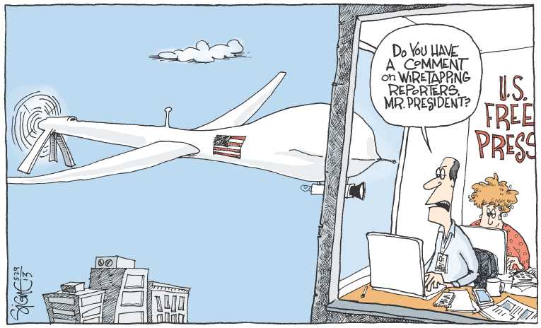 Political/Editorial Cartoon by Signe Wilkinson, Philadelphia Daily News on Obama Defends Taps on Journalists