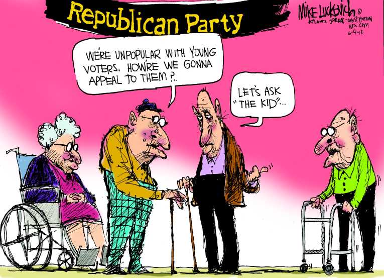 Political/Editorial Cartoon by Mike Luckovich, Atlanta Journal-Constitution on Republicans Appealing to Younger Set