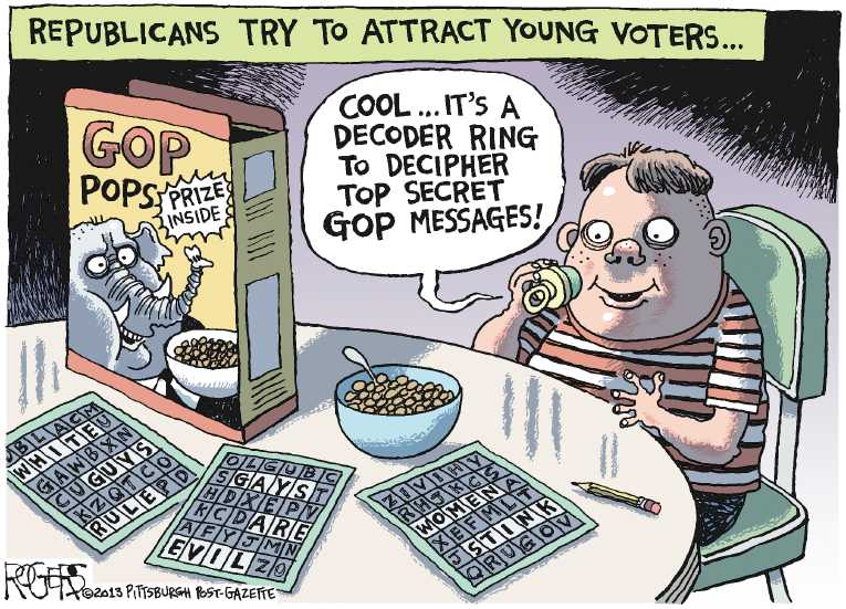Political/Editorial Cartoon by Rob Rogers, The Pittsburgh Post-Gazette on Republicans Appealing to Younger Set