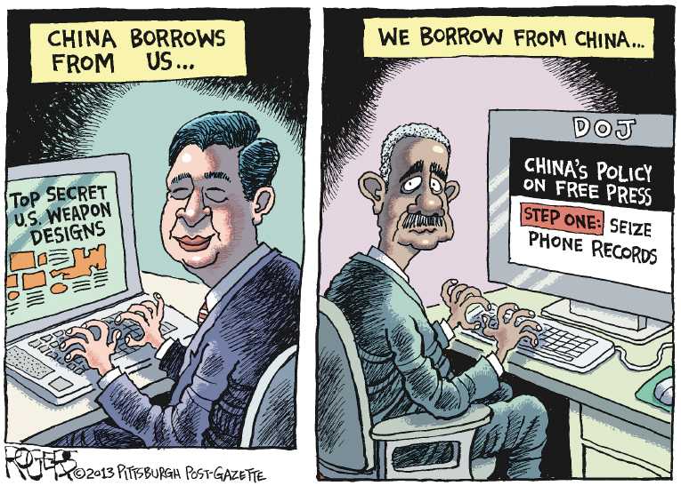 Political/Editorial Cartoon by Rob Rogers, The Pittsburgh Post-Gazette on Obama Defends Domestic Spying
