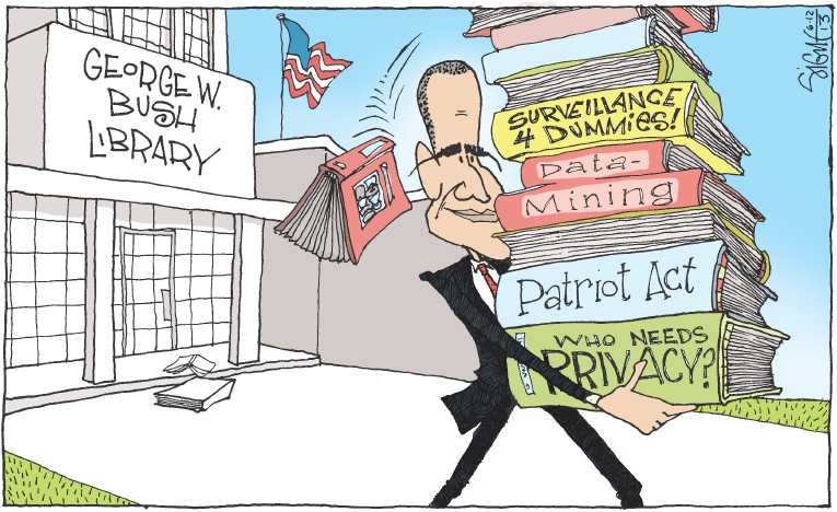 Political/Editorial Cartoon by Signe Wilkinson, Philadelphia Daily News on Obama Defends Terrorism Measures