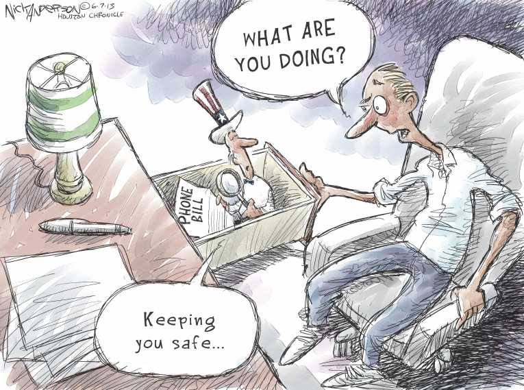Political/Editorial Cartoon by Nick Anderson, Houston Chronicle on Obama Defends Terrorism Measures