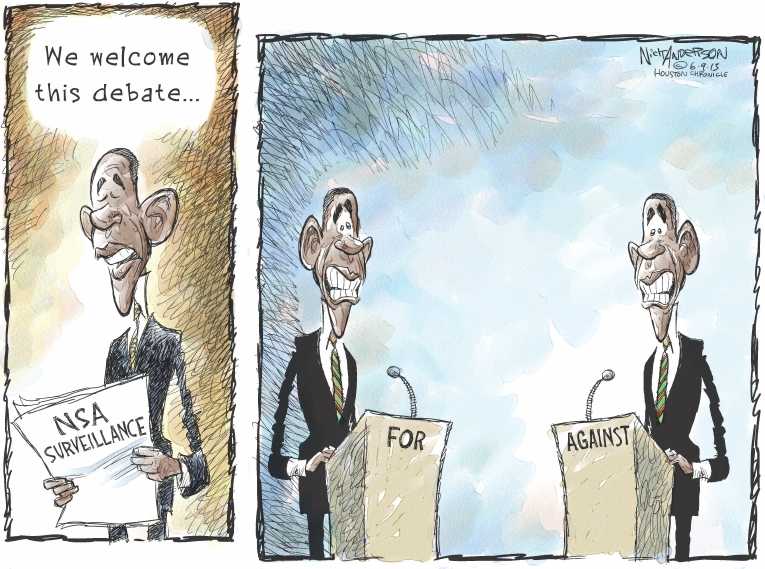 Political/Editorial Cartoon by Nick Anderson, Houston Chronicle on Obama Defends Terrorism Measures