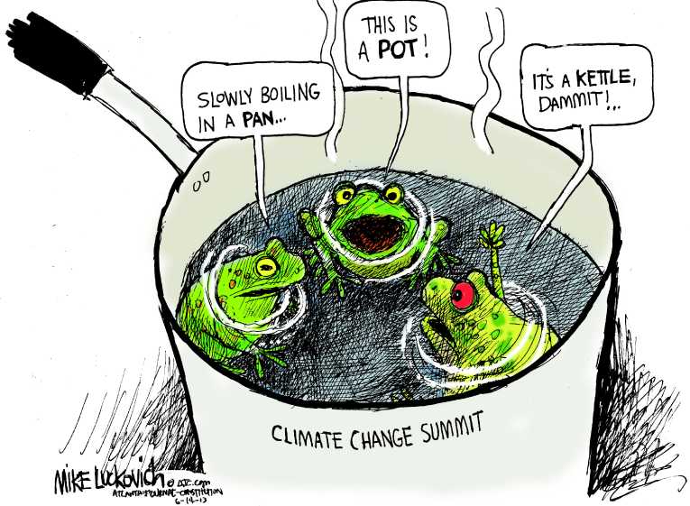 Political/Editorial Cartoon by Mike Luckovich, Atlanta Journal-Constitution on Climate Change Debate Continues