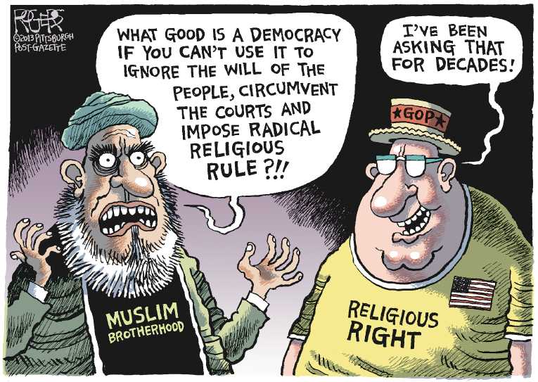 Political/Editorial Cartoon by Rob Rogers, The Pittsburgh Post-Gazette on Morsi Overthrown in Coup