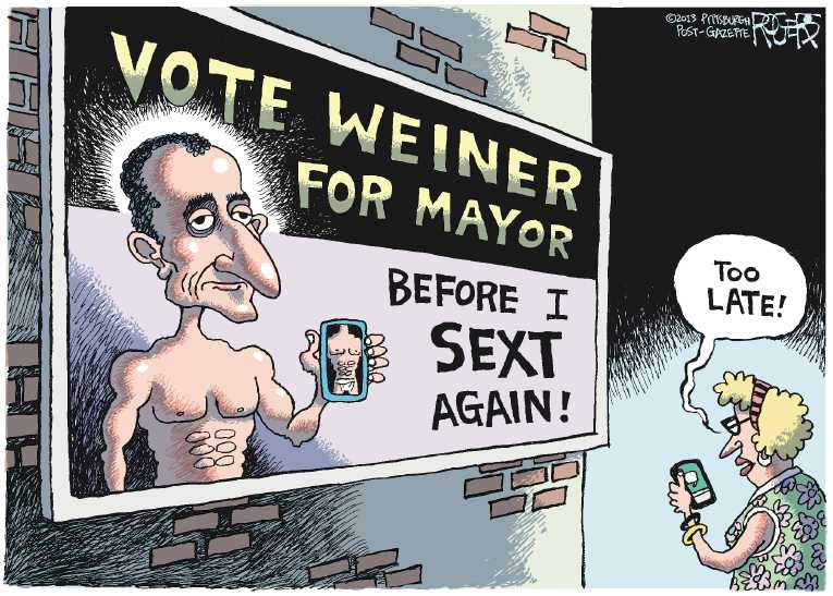 Political/Editorial Cartoon by Rob Rogers, The Pittsburgh Post-Gazette on NY Mayor Race Getting Raunchy