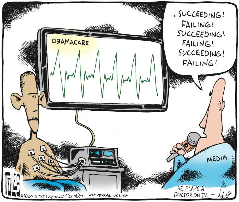 Political/Editorial Cartoon by Tom Toles, Washington Post on ObamaCare Getting Mixed Previews