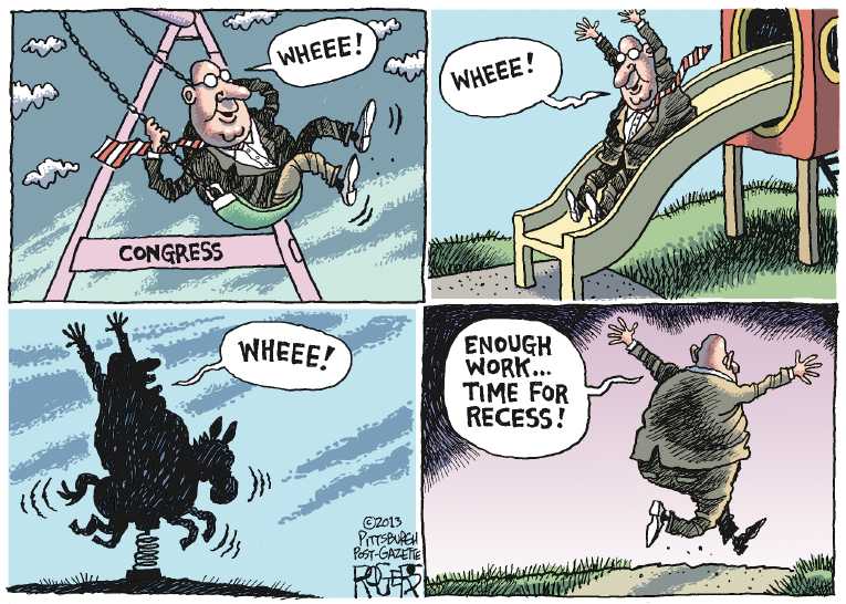 Political/Editorial Cartoon by Rob Rogers, The Pittsburgh Post-Gazette on Congress Goes On Vacation