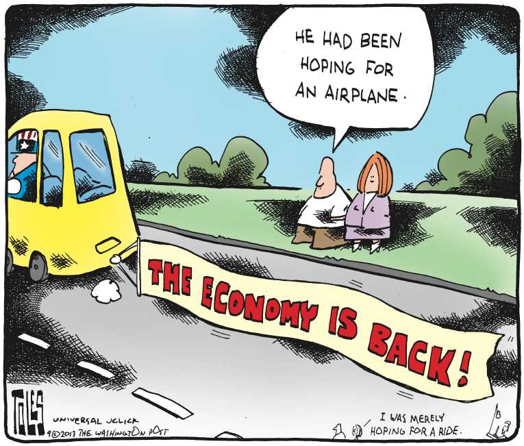 Political/Editorial Cartoon by Tom Toles, Washington Post on Economic Recovery Continuing