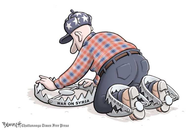 Political/Editorial Cartoon by Clay Bennett, Chattanooga Times Free Press on Obama Pleads for War