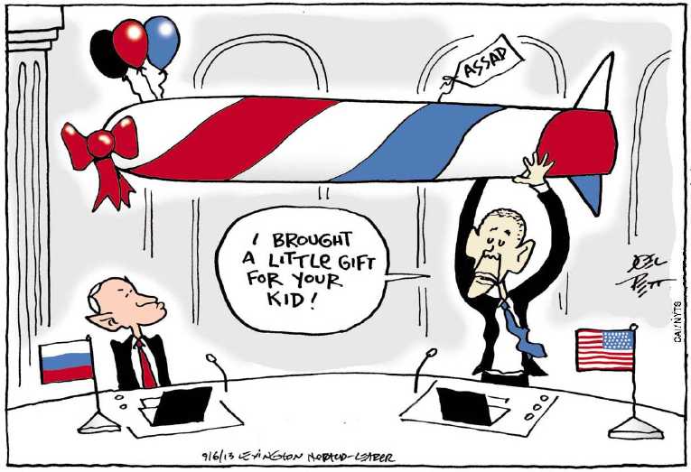 Political/Editorial Cartoon by Joel Pett, Lexington Herald-Leader, CWS/CartoonArts Intl. on Obama Pleads for War